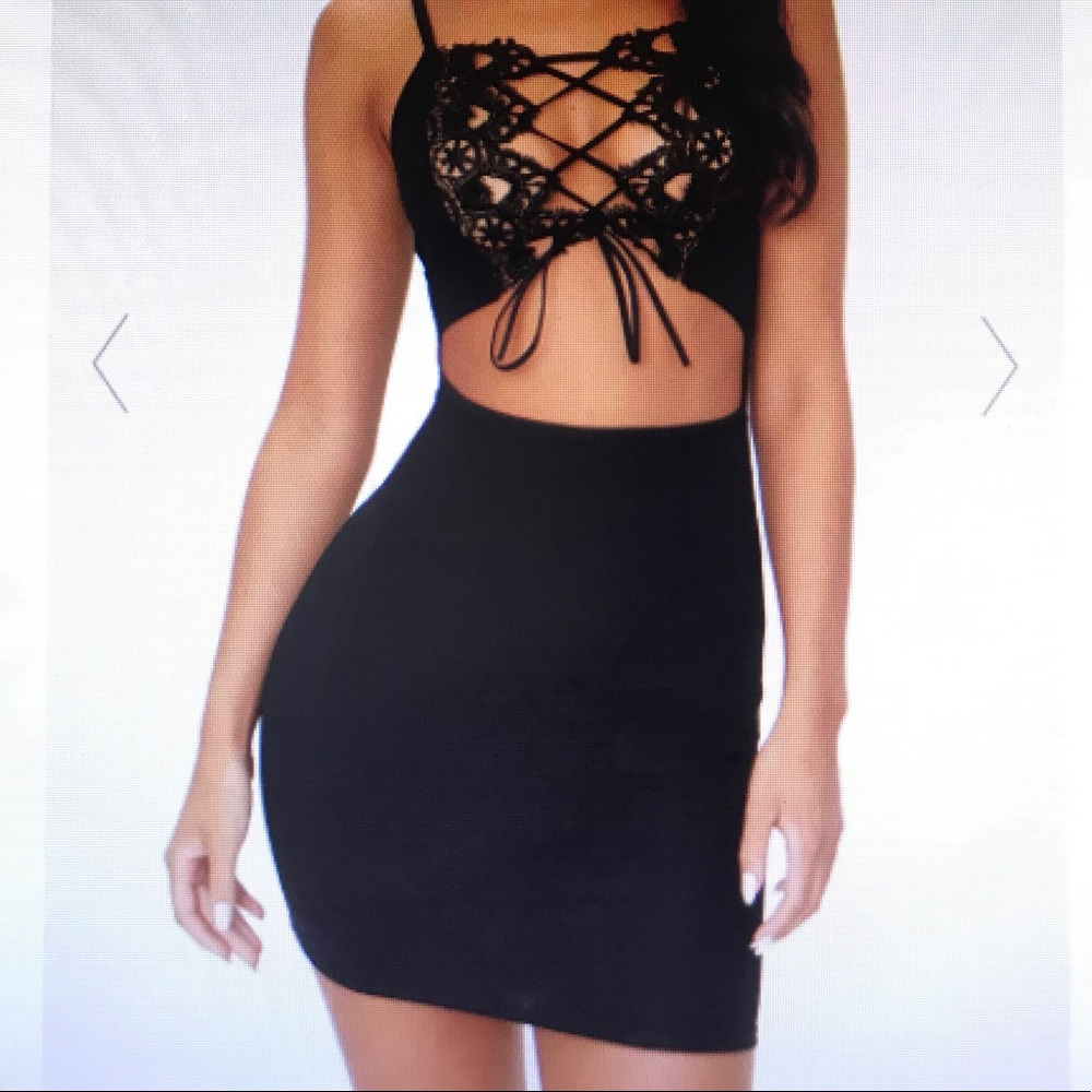 PLT - Black Lace Trim Cut Out Detail Bodycon Dress